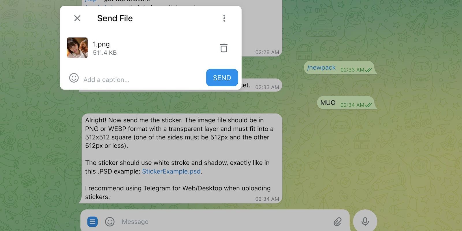 Tải lên sticker mới với hình ảnh selfie cô gái trên Telegram