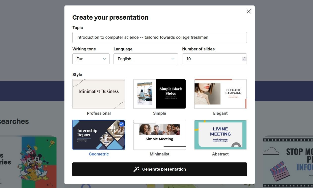 Tạo bài thuyết trình mới với Slidesgo AI Presentation Maker
