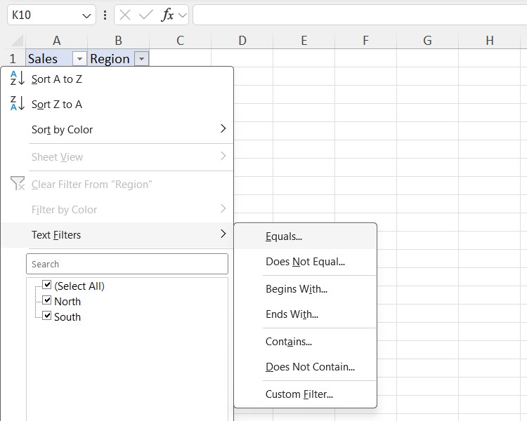Tạo bộ lọc văn bản trong Excel