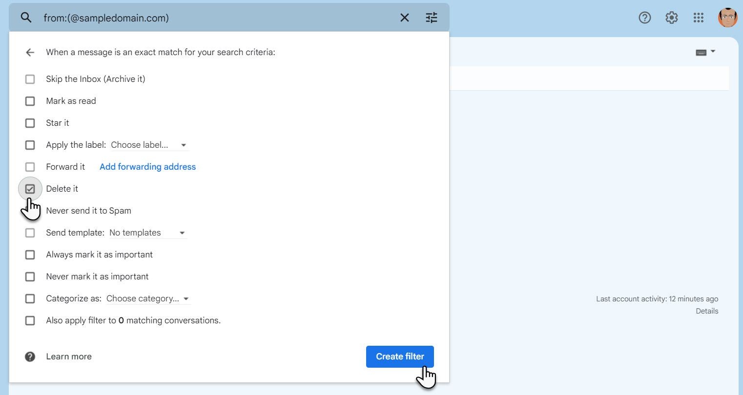 Tạo bộ lọc xóa để chặn email từ một tên miền cụ thể