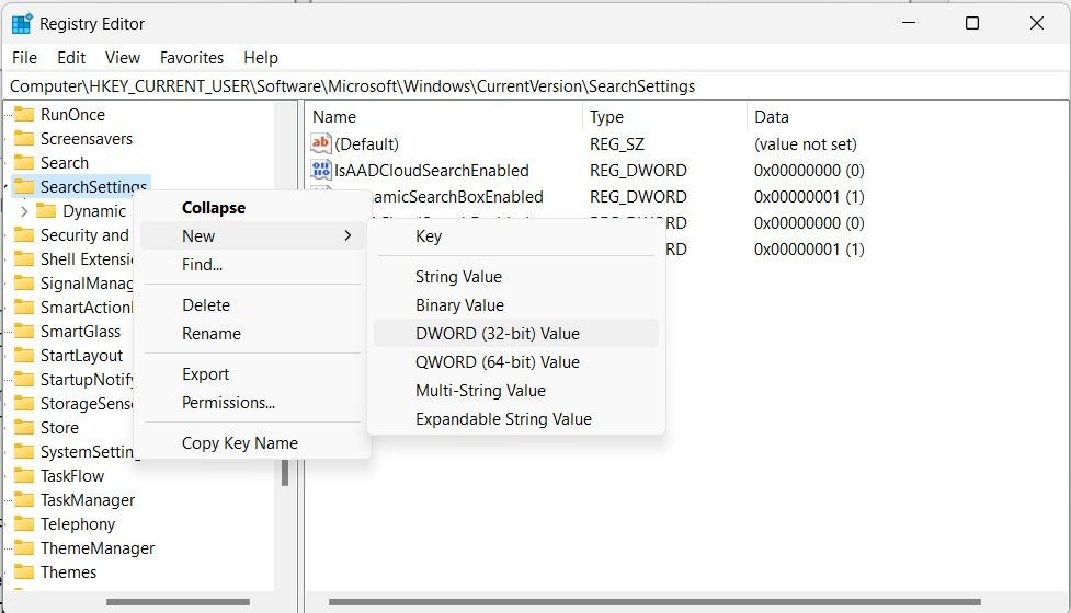 Tạo giá trị DWORD trong Registry của Windows cho khóa SearchSettings