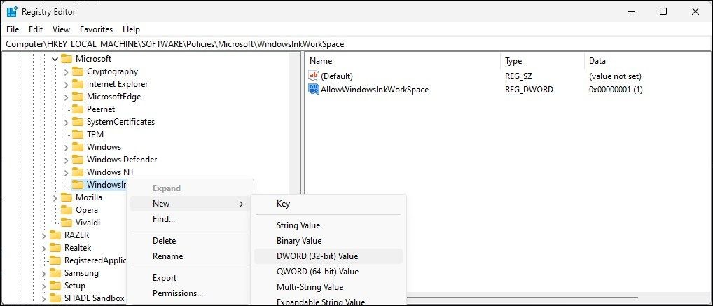 Tạo Giá Trị Mới AllowWindowsInkWorkspace cho Subkey Microsoft trong Registry Editor