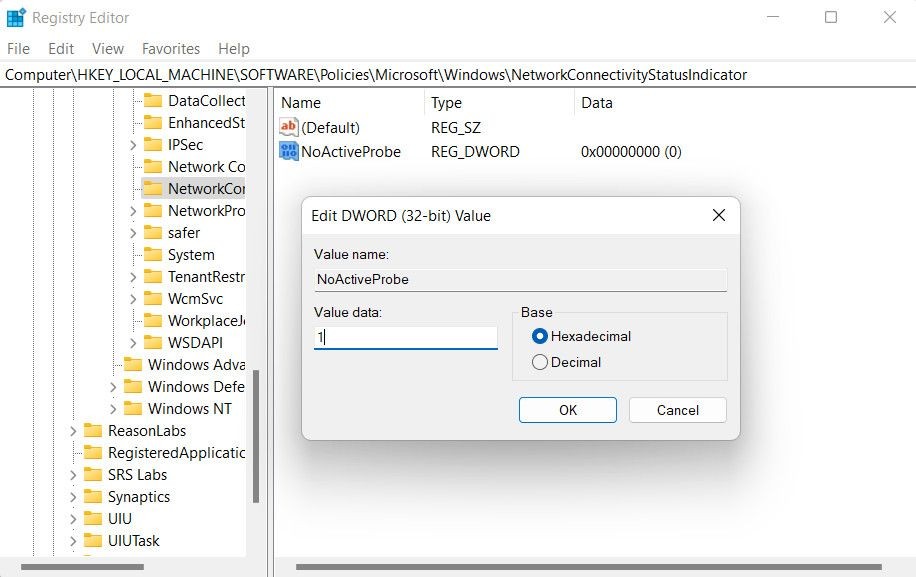 Tạo giá trị NoActiveProbe trong Registry