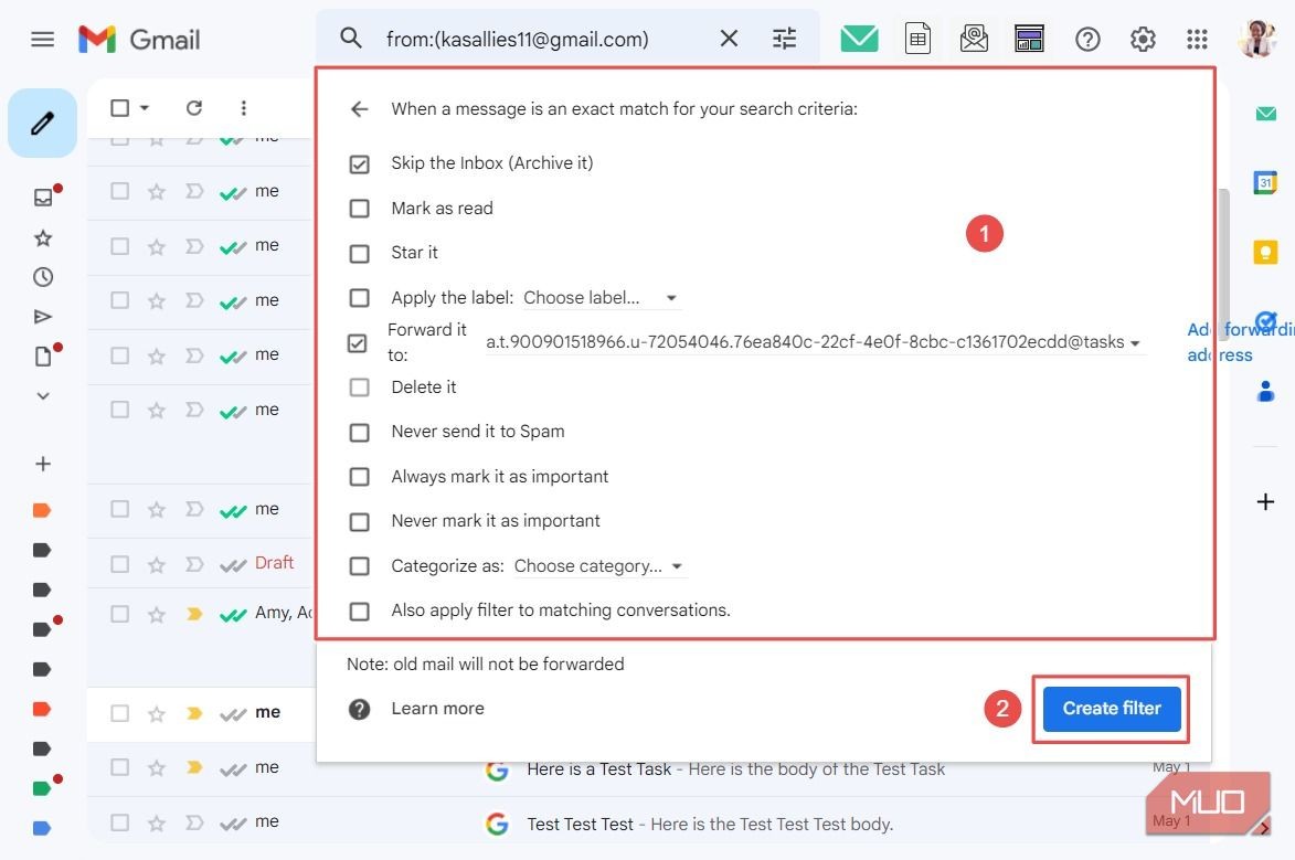Tạo hành động cho bộ lọc trong Gmail