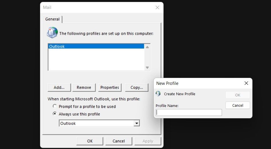Tạo Hồ sơ Outlook Mới