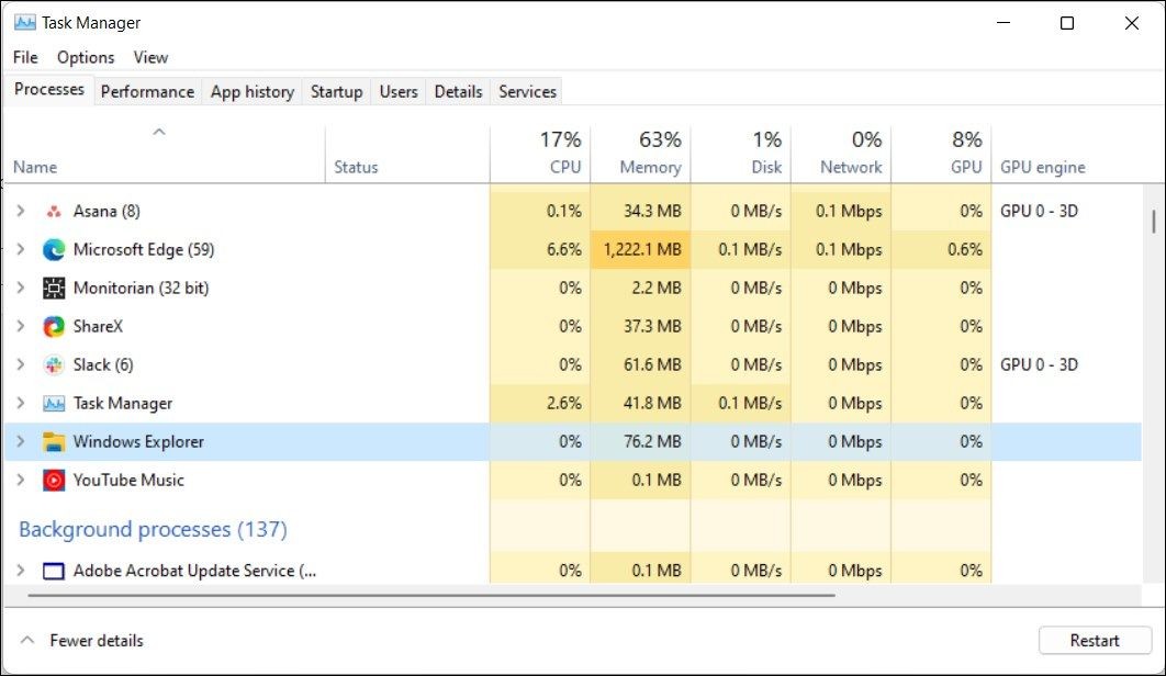 Task Manager Windows 11 hiển thị quá trình Windows Explorer