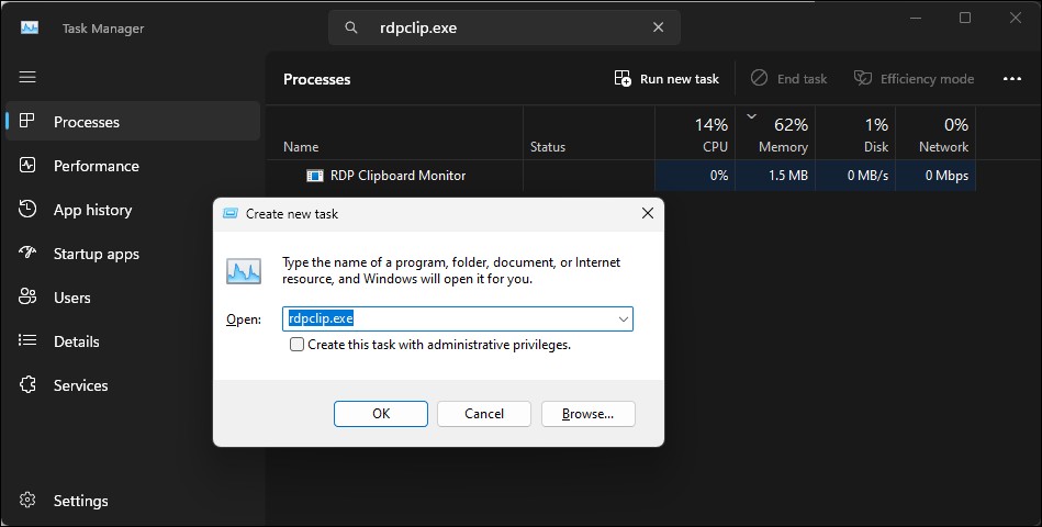 Task Manager Windows 11 tạo hộp thoại nhiệm vụ mới