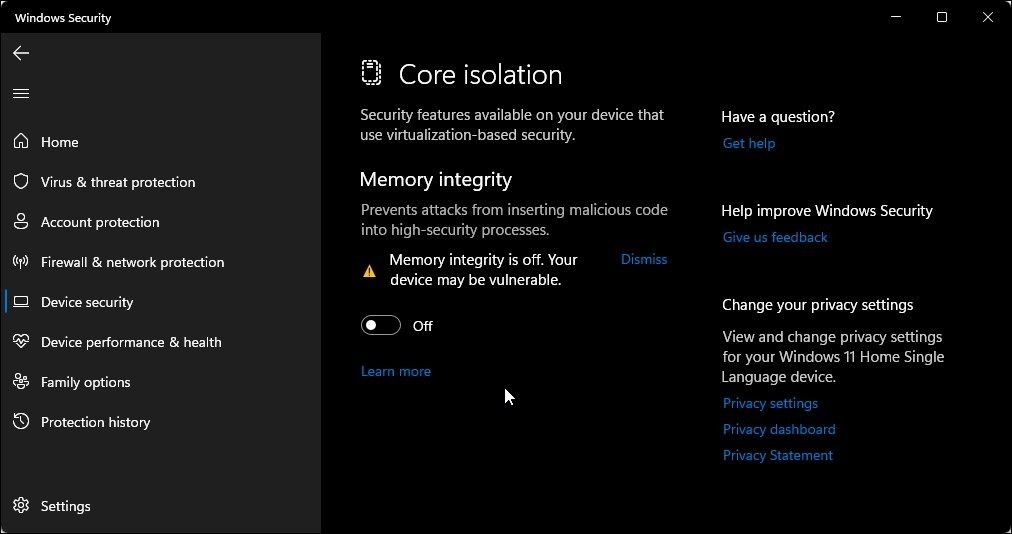 Tắt bảo vệ bộ nhớ trong cách ly cốt lõi trên Windows 11