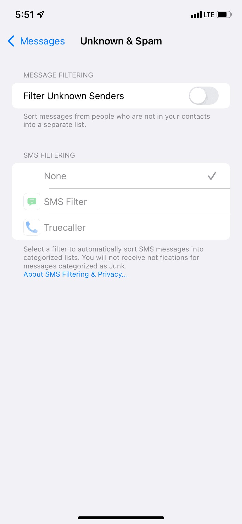 Tắt Bộ lọc Người gửi Không xác định trong Cài đặt Tin nhắn iPhone