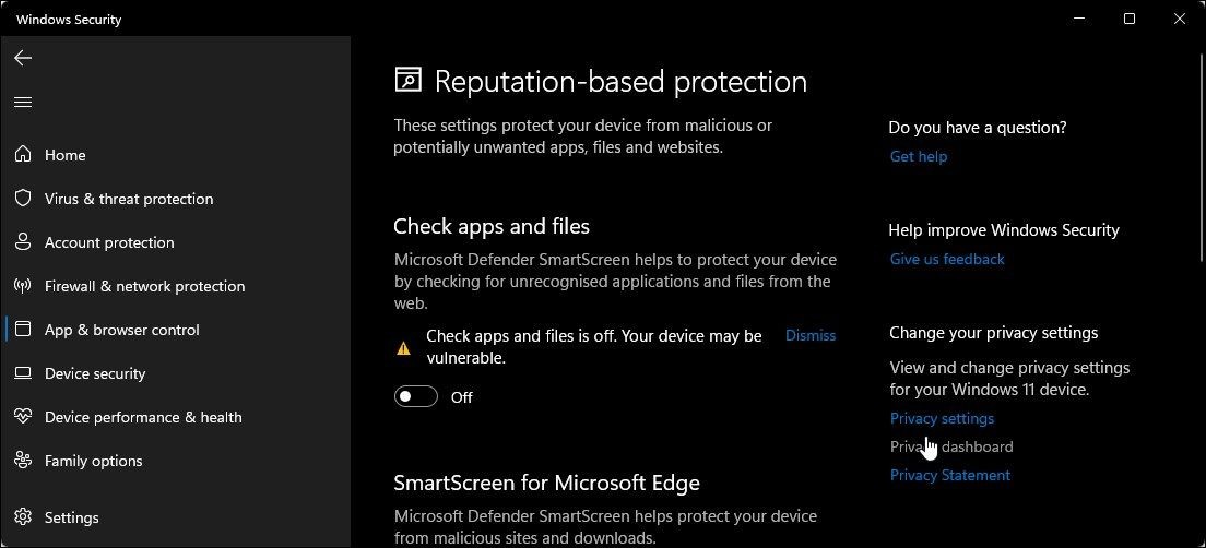 Tắt bộ lọc SmartScreen cho ứng dụng và tệp Bảo mật Windows