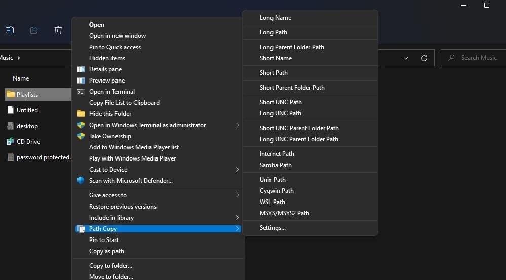 Tất cả các tùy chọn Path Copy