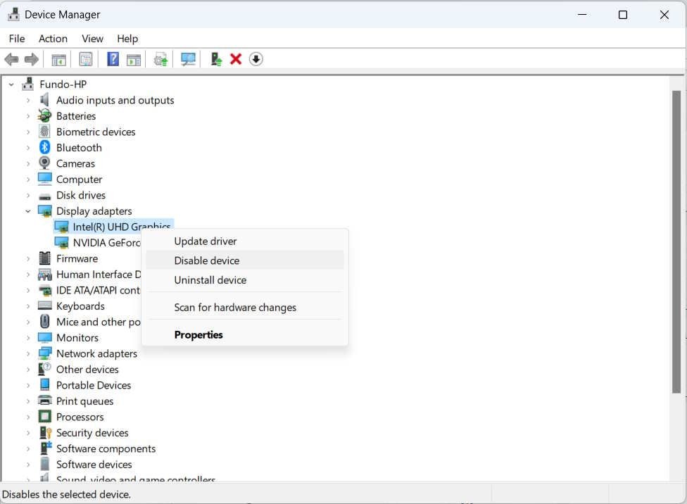 Tắt đồ họa tích hợp trong Device Manager