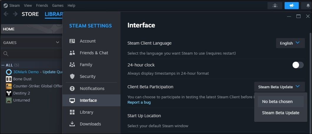 Tắt tham gia thử nghiệm beta của ứng dụng Steam