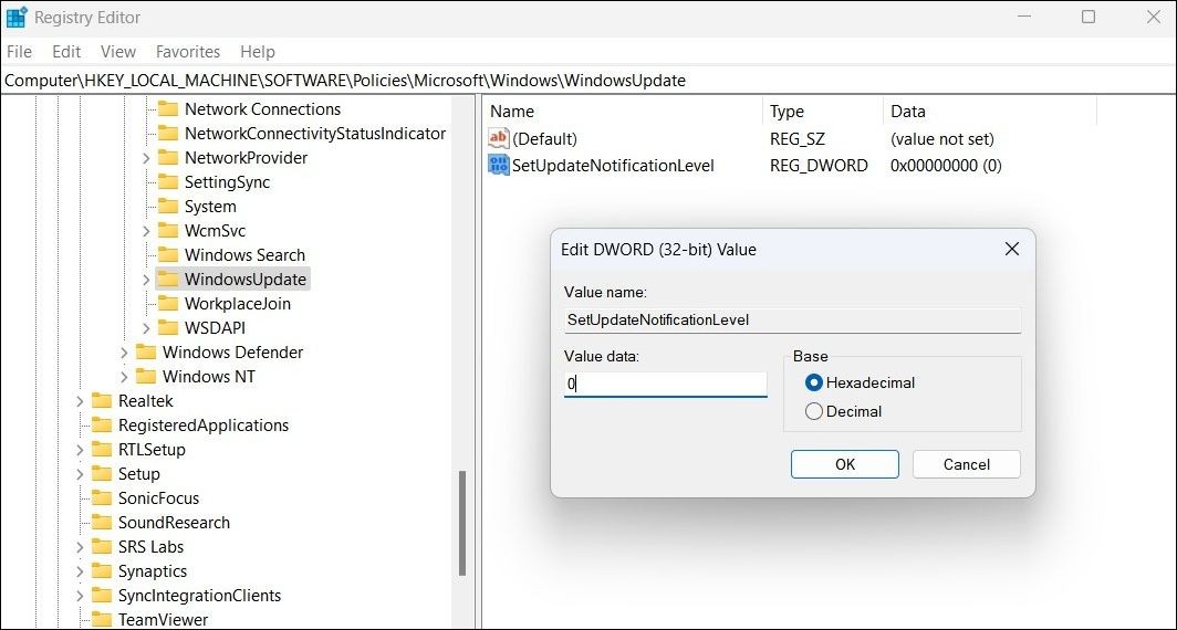 Tắt thông báo cập nhật Windows sử dụng Trình chỉnh sửa Sổ đăng ký
