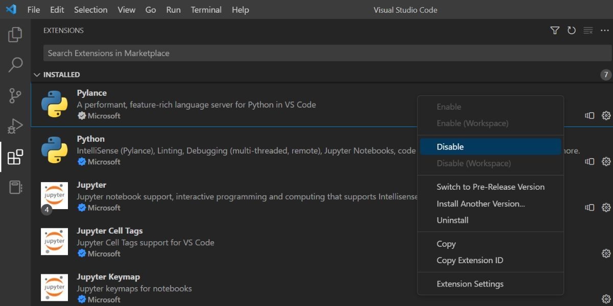 Tắt tiện ích mở rộng trên Visual Studio Code