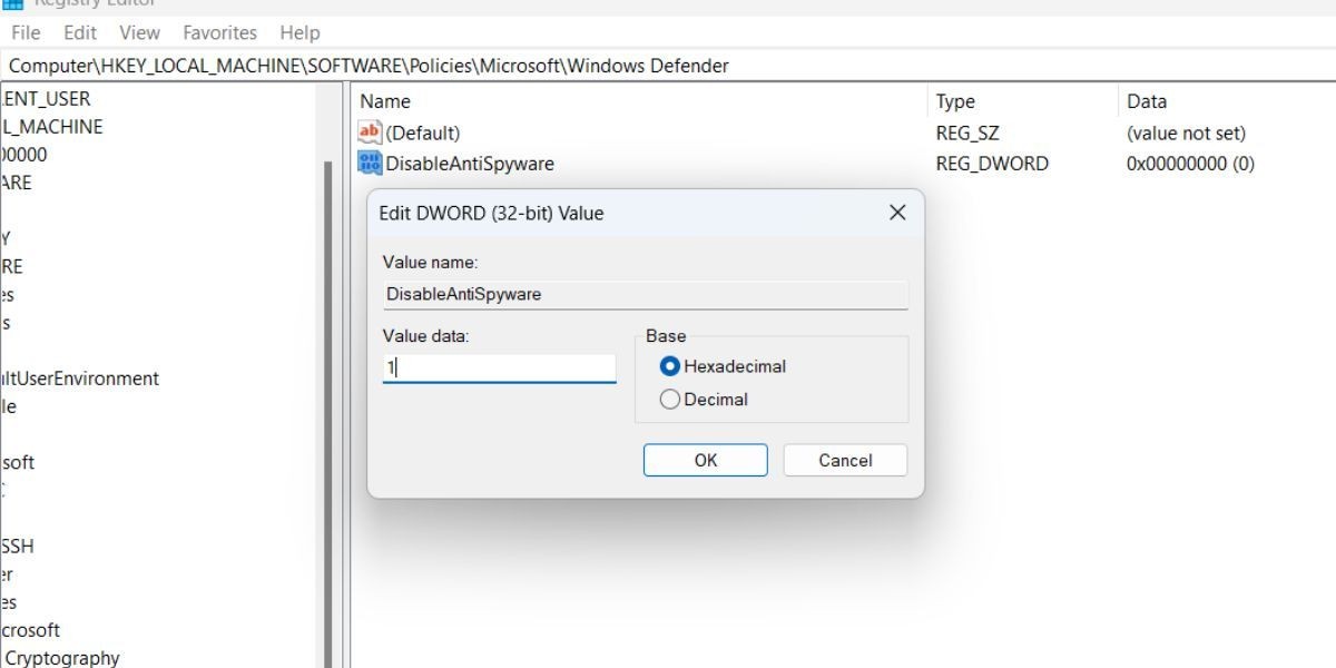 Tắt Windows Defender Bằng Registry Editor