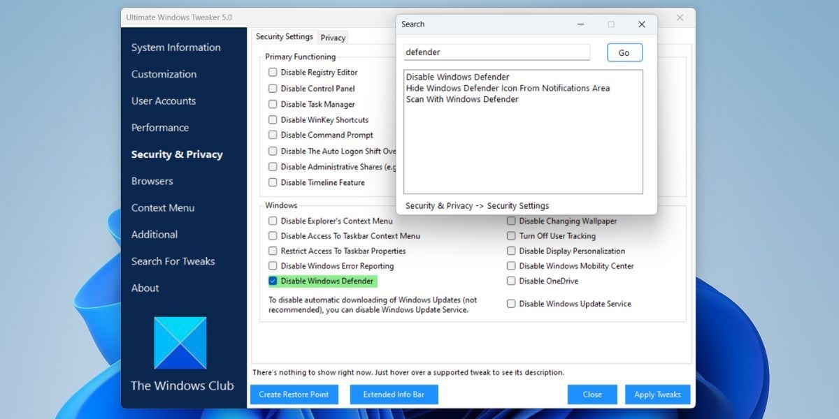 Tắt Windows Defender Bằng Ultimate Windows Tweaker