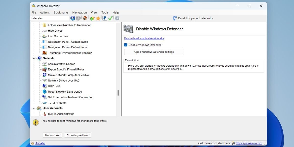Tắt Windows Defender Bằng Winaero Tweaker