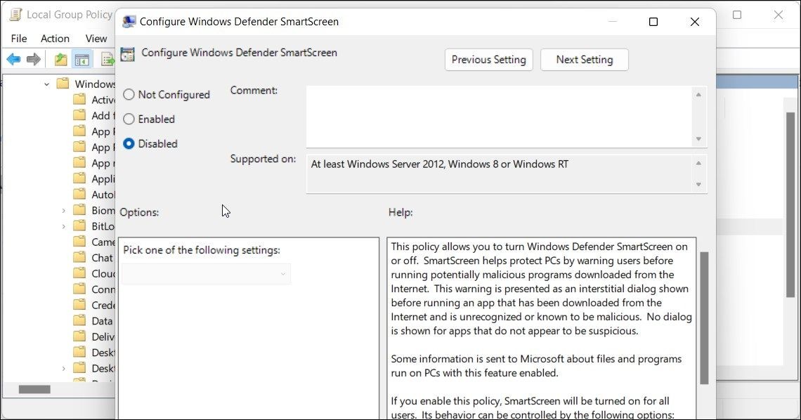 Tắt Windows Defender SmartScreen trong Group Policy Editor
