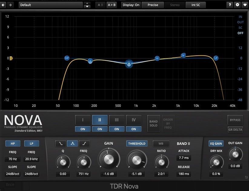 TDR Nova Dynamic EQ using various filter types and the threshold function