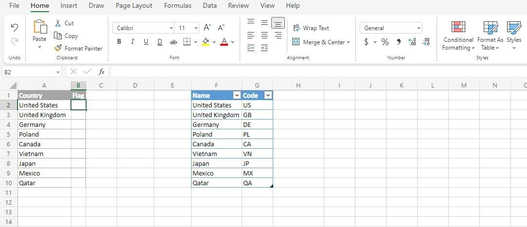 Tên và mã quốc gia trong bảng tính Excel