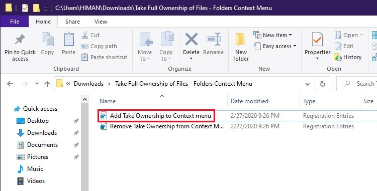 Tệp registry Take Ownership trong File Explorer