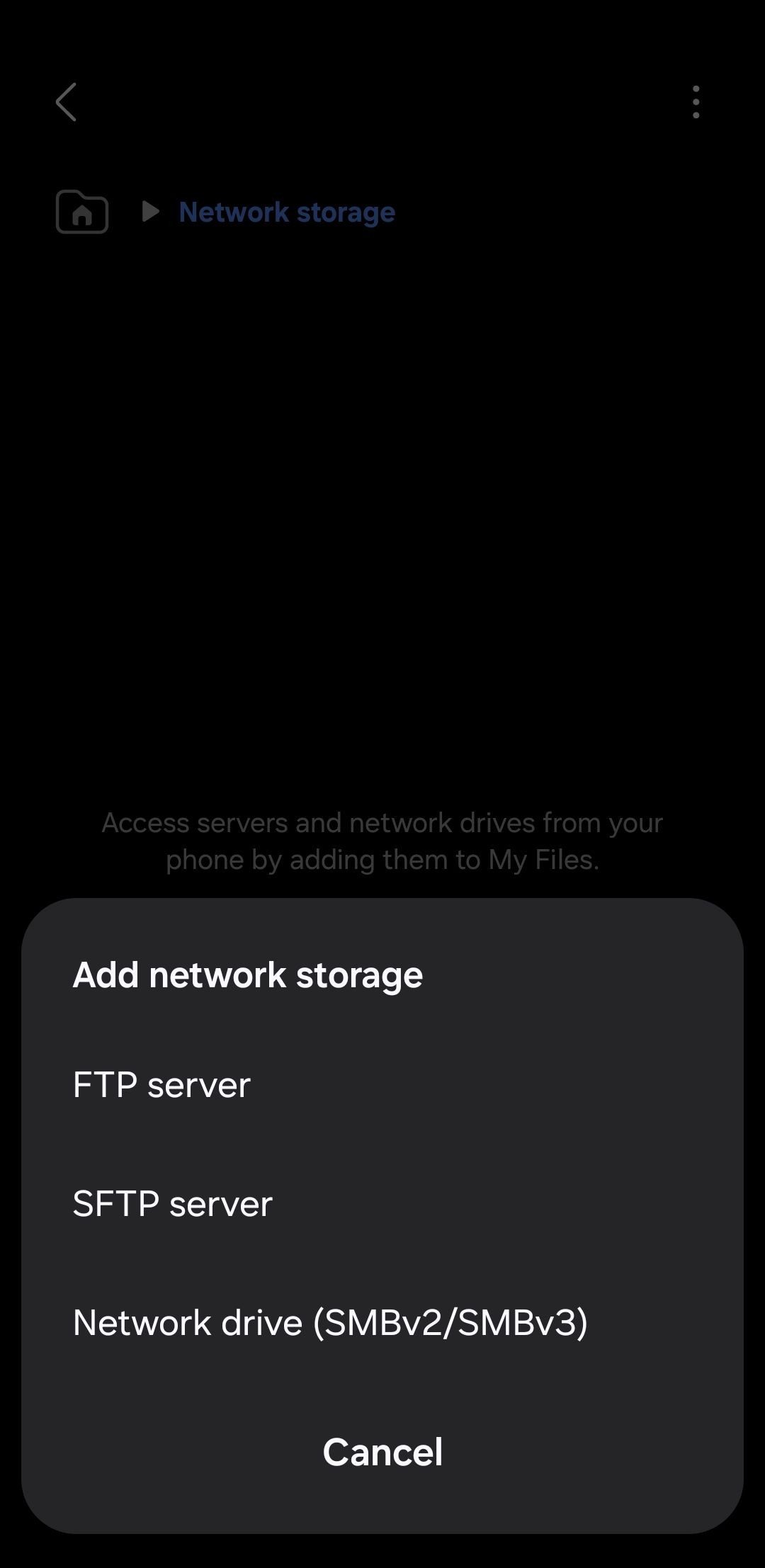 Tệp Samsung hiển thị các tùy chọn thêm lưu trữ mạng