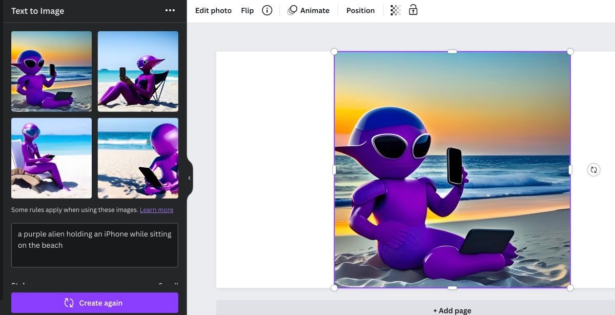 Text to Image của Canva với hình ảnh người ngoài hành tinh màu tím cầm điện thoại trên bãi biển