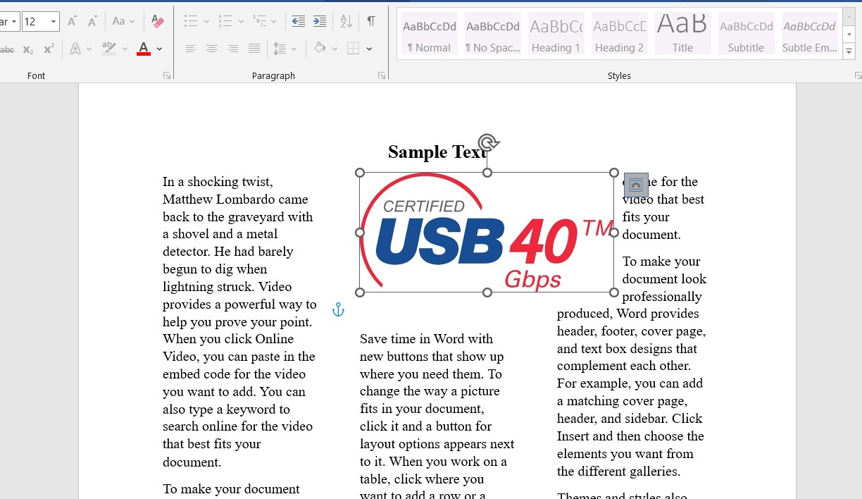 Text wrapping được kích hoạt trong Microsoft Word