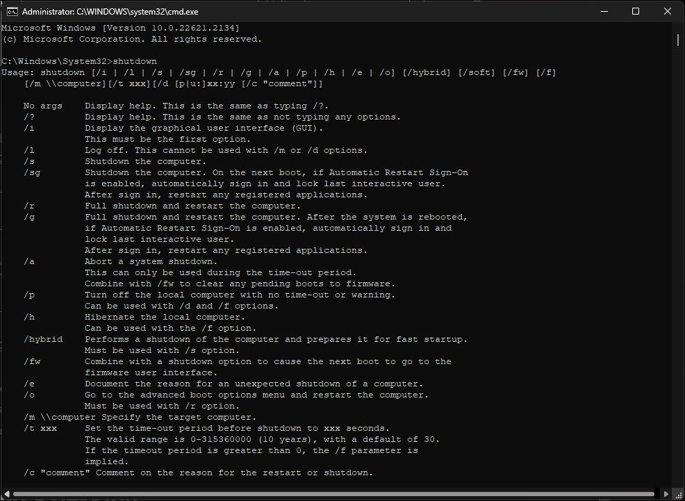 Tham số lệnh tắt máy Command Prompt