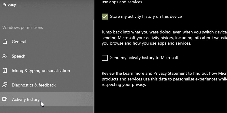 Thanh bên Lịch sử hoạt động Windows 10