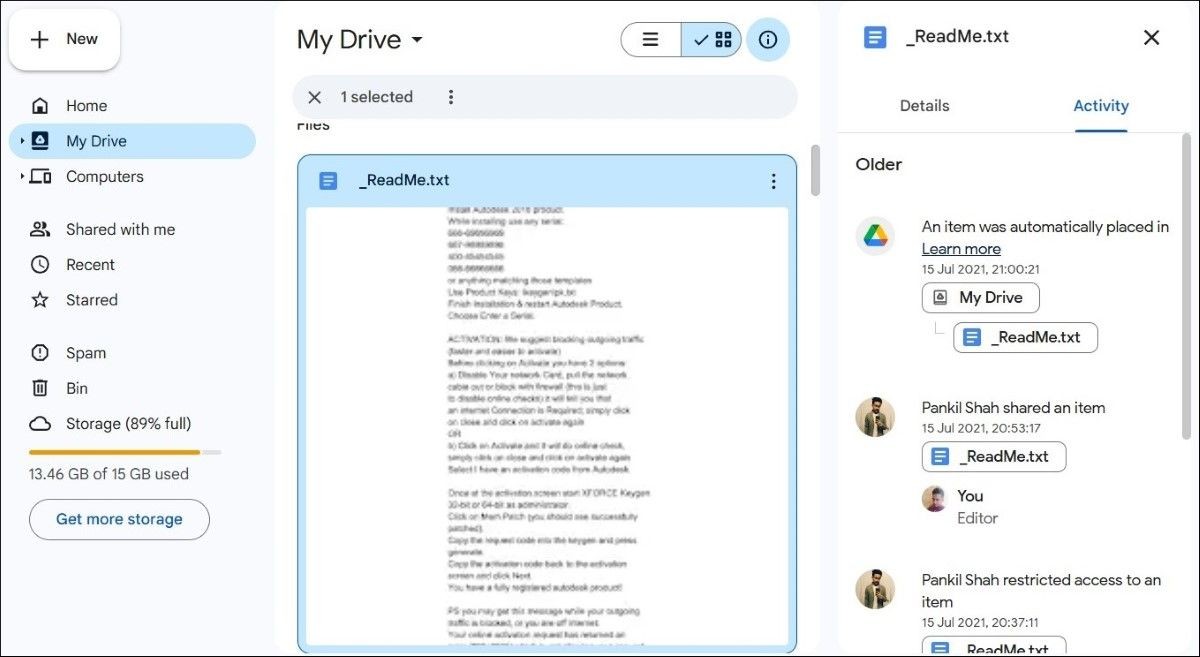Thanh hoạt động trong Google Drive