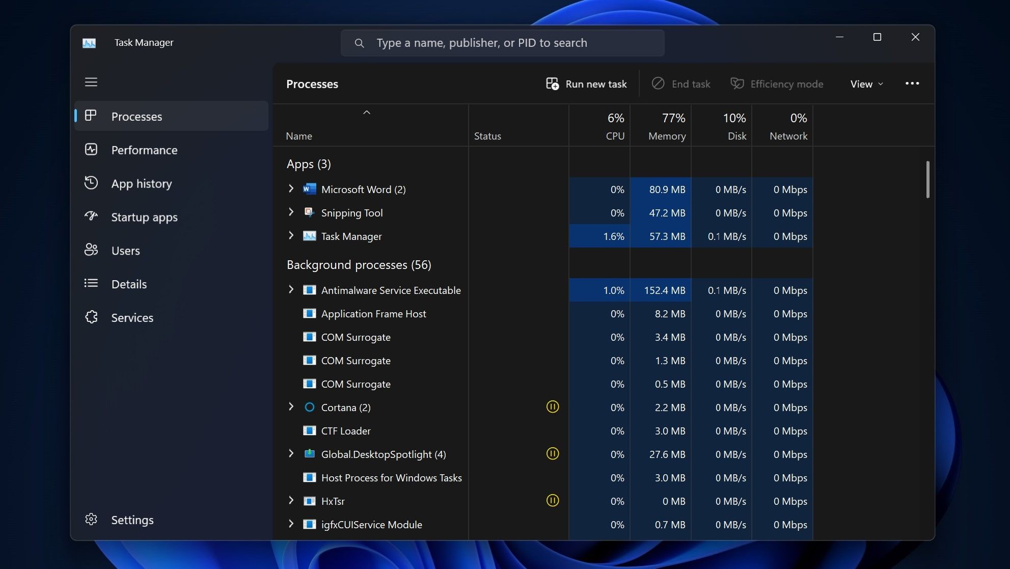 Thanh tìm kiếm trong Trình Quản Lý Tác Vụ Windows 11