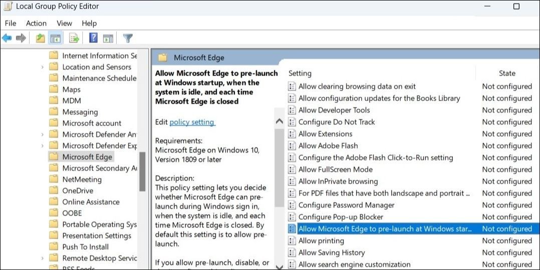 Thay đổi cài đặt chính sách nhóm để ngăn Microsoft Edge khởi động cùng Windows