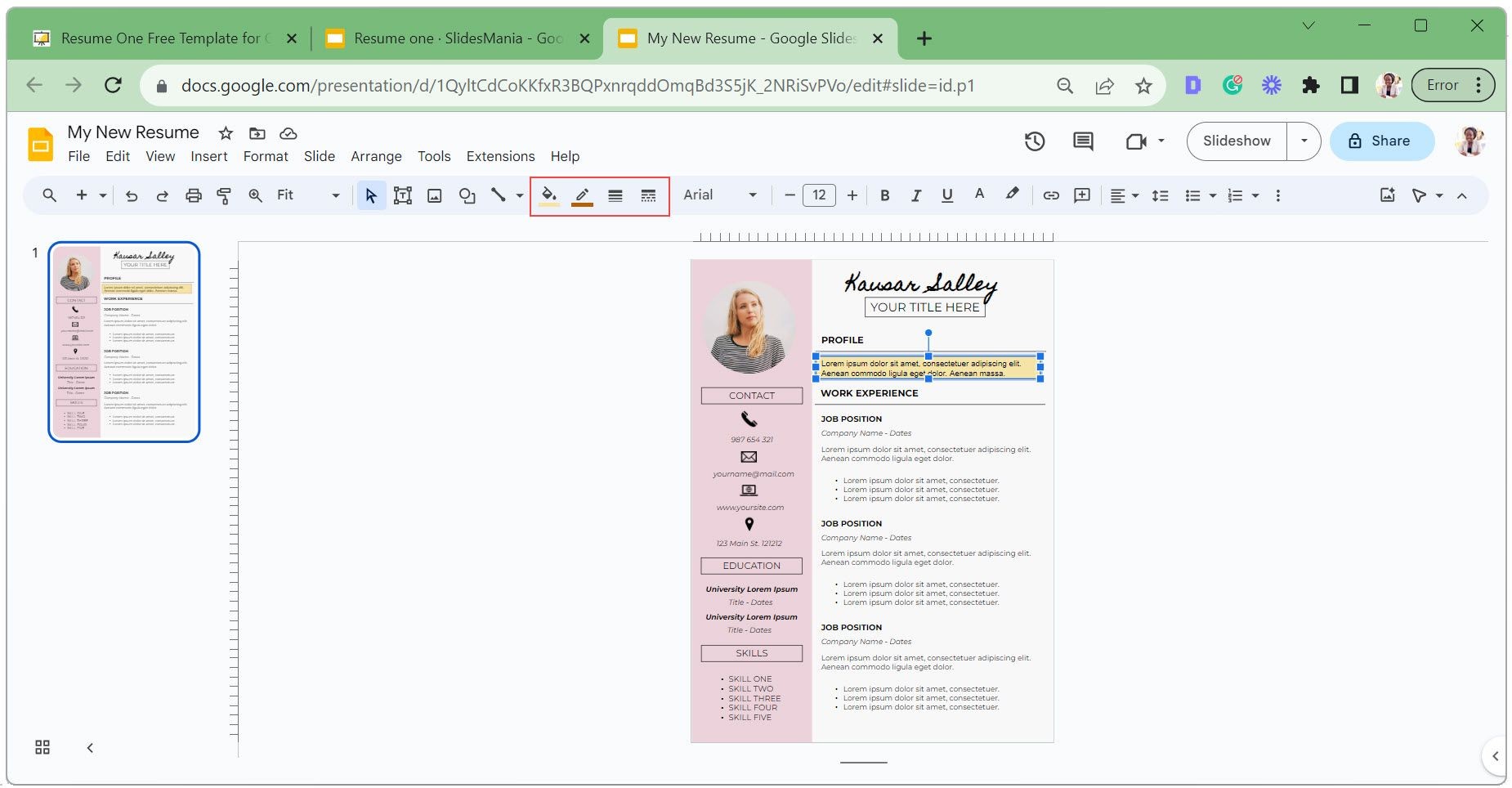 Thay đổi giao diện hộp văn bản trong mẫu CV Google Slides