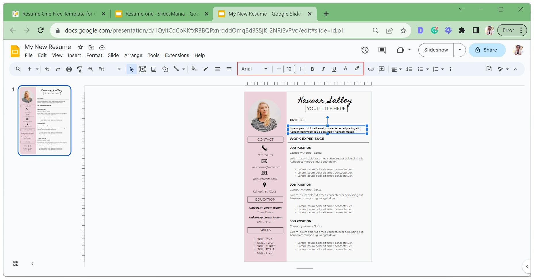 Thay đổi giao diện văn bản trong mẫu CV Google Slides