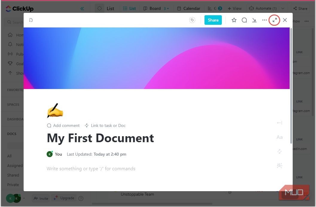 Thay đổi kích thước tài liệu ClickUp sang chế độ toàn màn hình