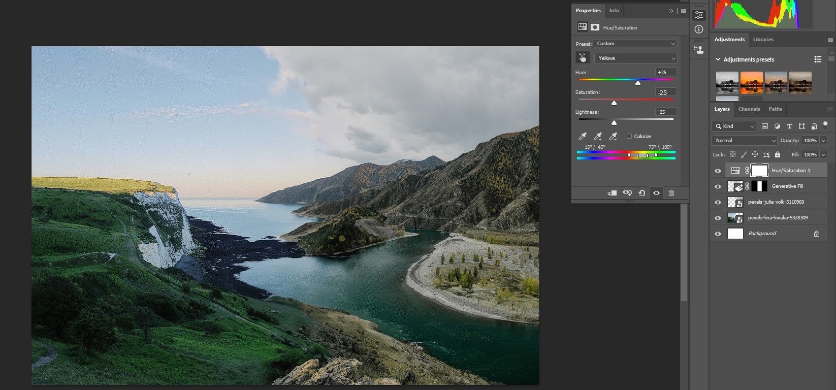 Thay đổi màu chủ đạo và điều chỉnh các thanh trượt Hue/Saturation