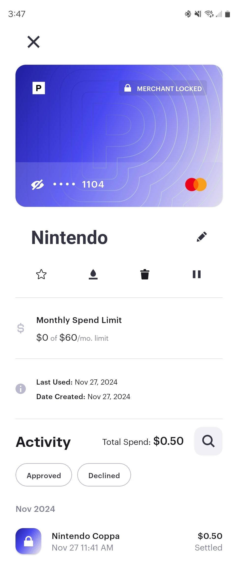 Thẻ tạm thời cho Nintendo được tạo bằng ứng dụng Privacy trên Android.