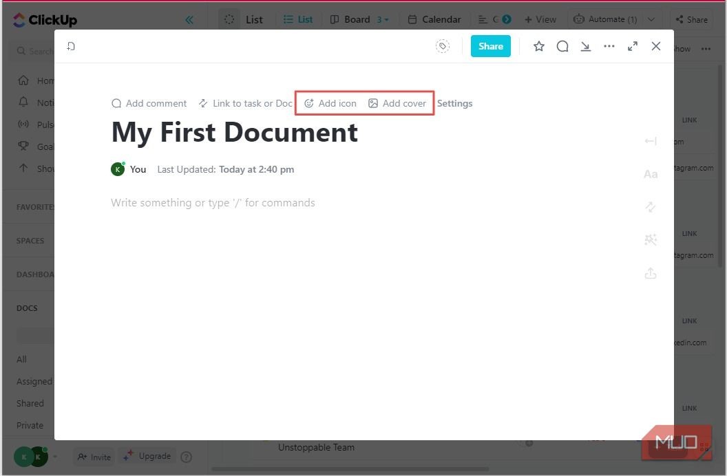 Thêm biểu tượng và ảnh bìa cho ClickUp Docs