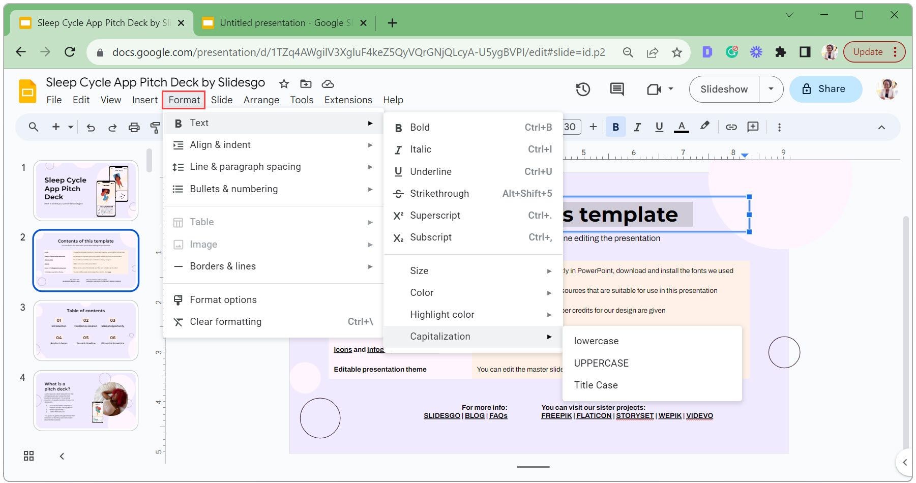 Thêm các tùy chọn định dạng văn bản dưới tab Format trong Google Slides