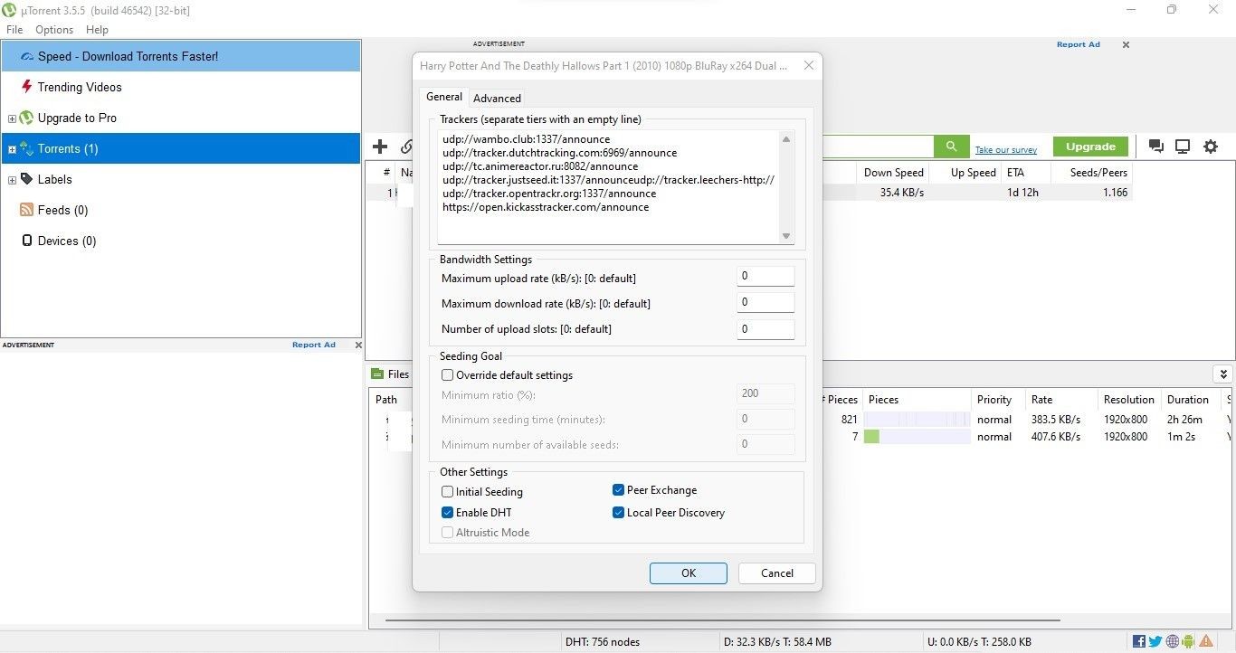 Thêm danh sách các tracker torrent vào ô Tracker trong cửa sổ Thuộc tính của tệp đã tải xuống trong ứng dụng uTorrent cho máy tính