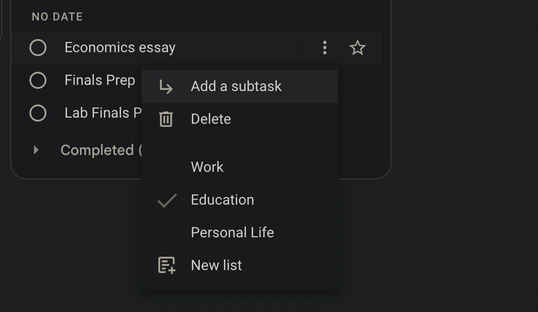 Thêm nhiệm vụ con trong Google Tasks