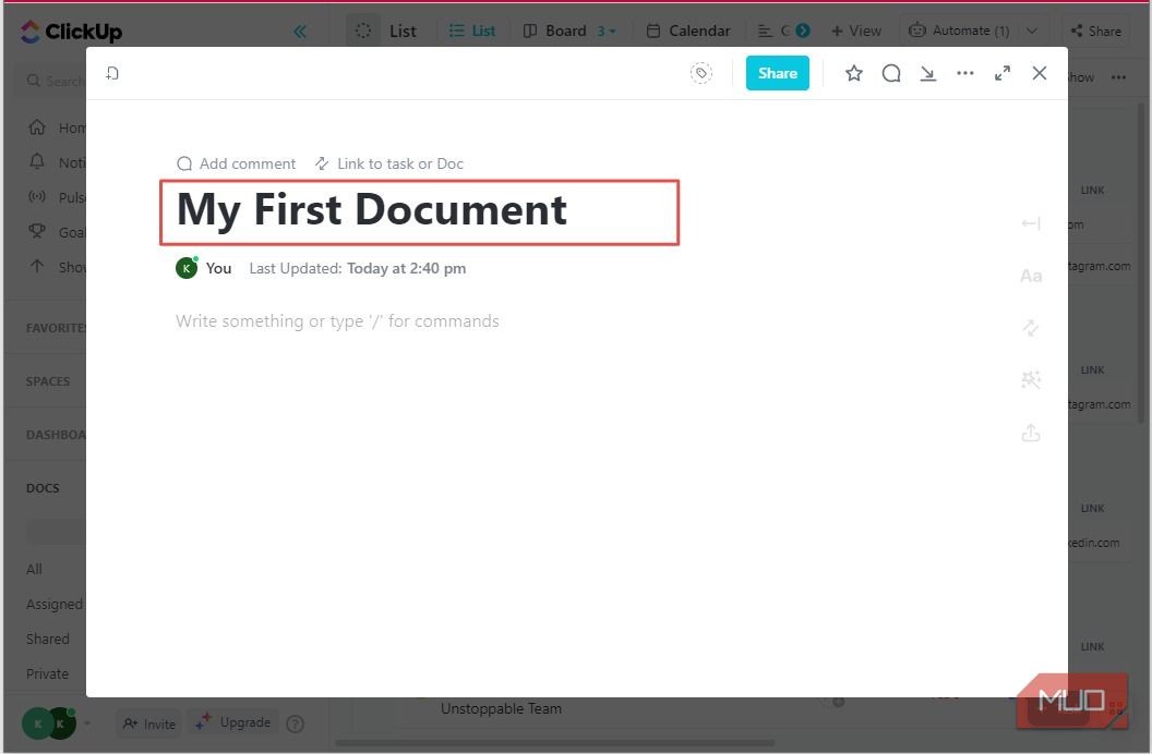 Thêm tiêu đề cho ClickUp Doc