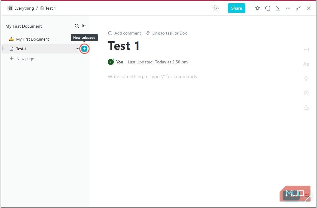 Thêm trang con trong ClickUp Docs