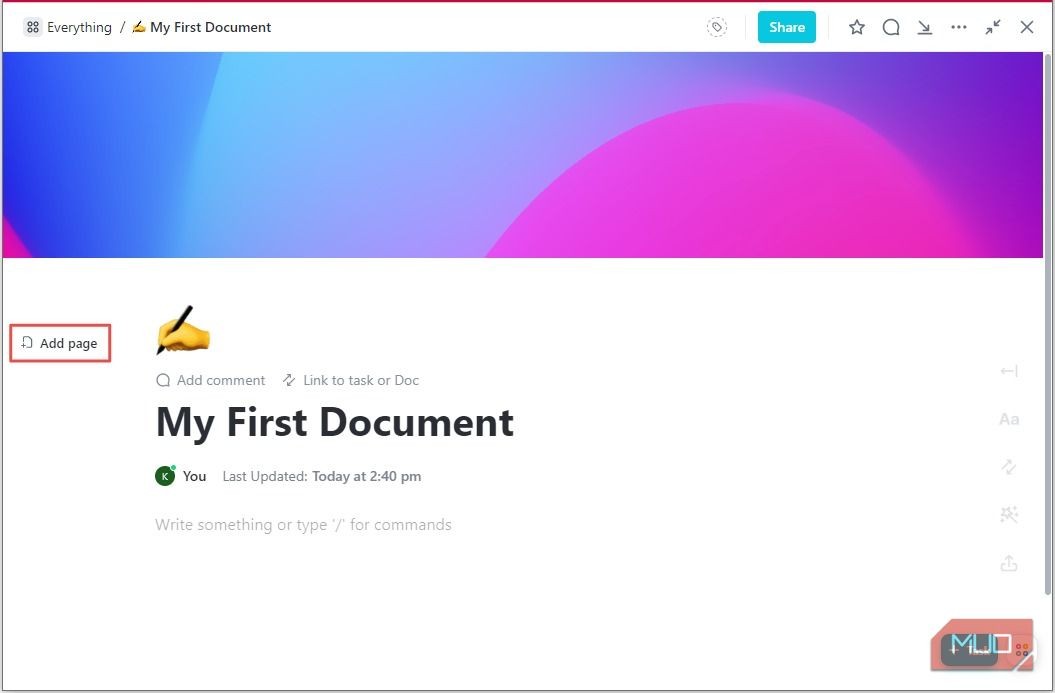 Thêm trang vào tài liệu ClickUp