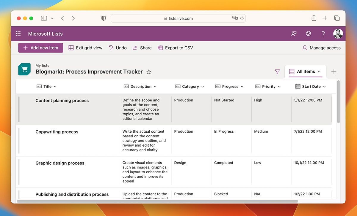 Theo dõi cải thiện quy trình bằng Microsoft Lists