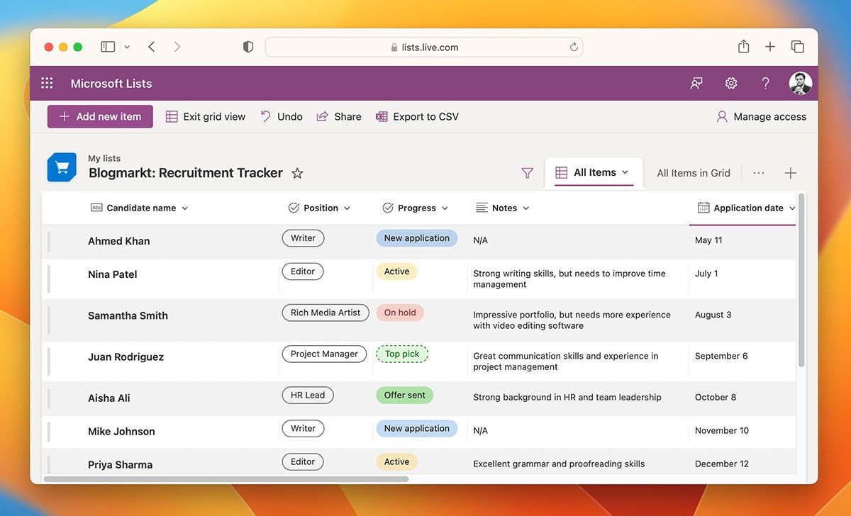 Theo dõi tuyển dụng bằng Microsoft Lists