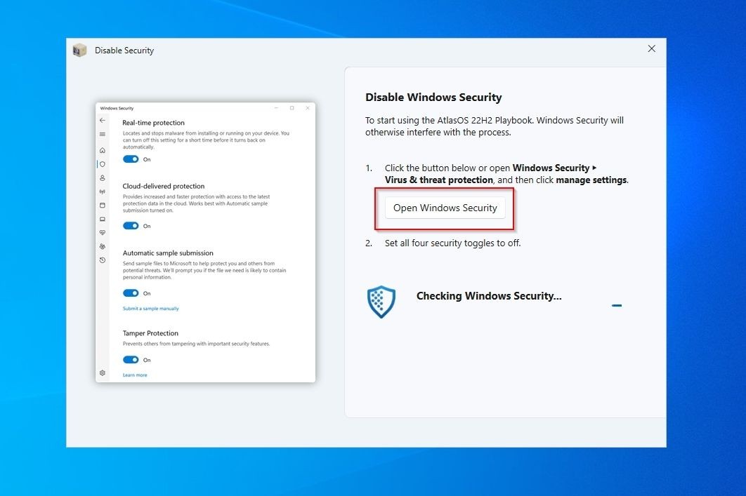 Thiết lập AtlasOS Mở Windows Security