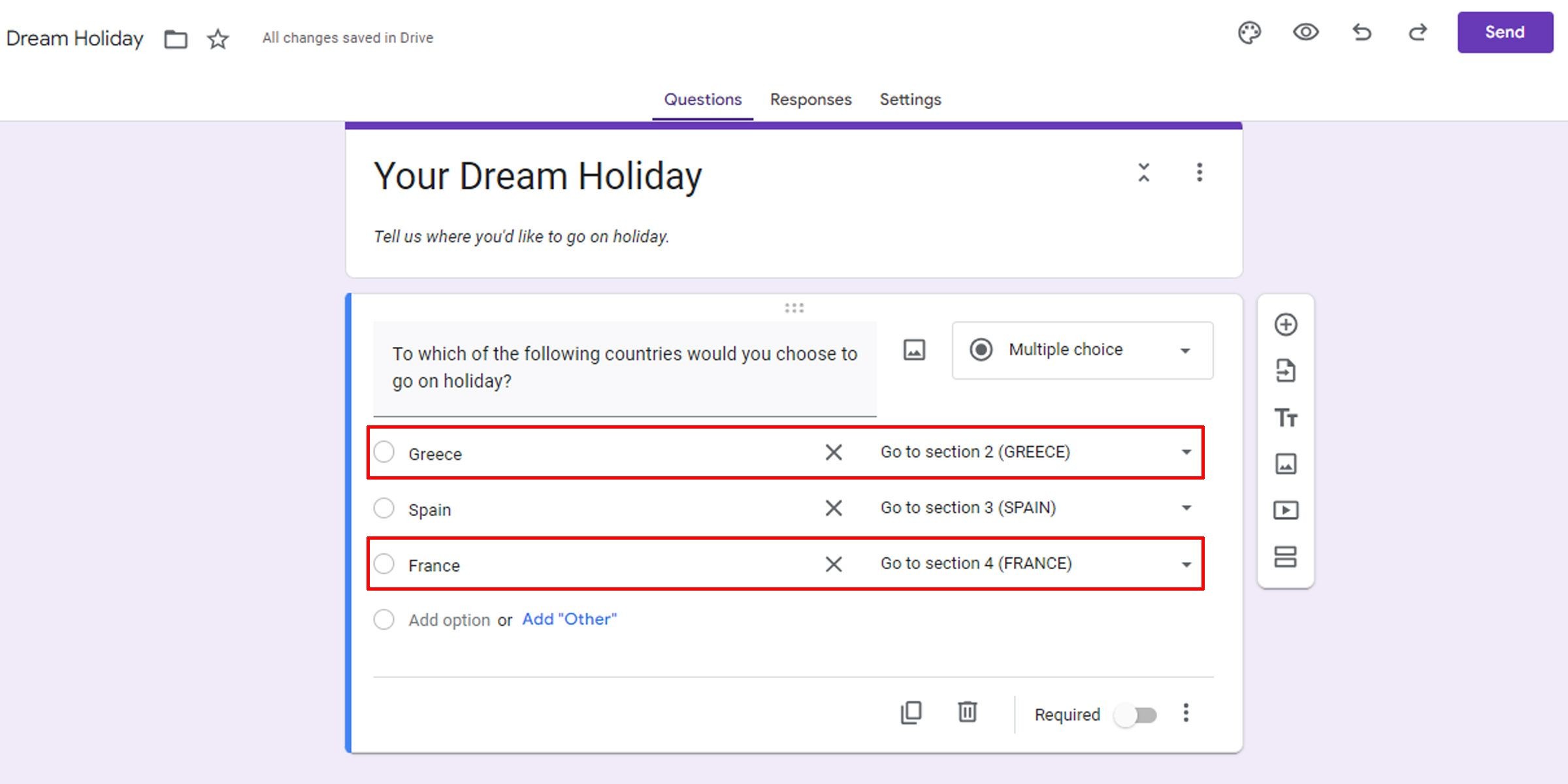 Thiết lập câu hỏi lồng nhau trong Google Forms